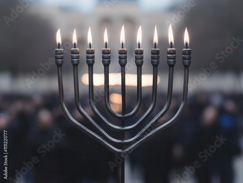 Grand menorah lighting event in a public square, music and celebration in the air photo