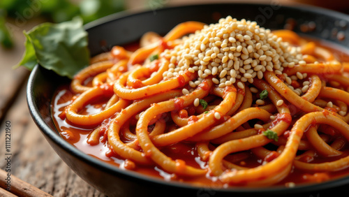 Delicious buldak ramen with spicy sauce and toasted sesame seeds on top. photo