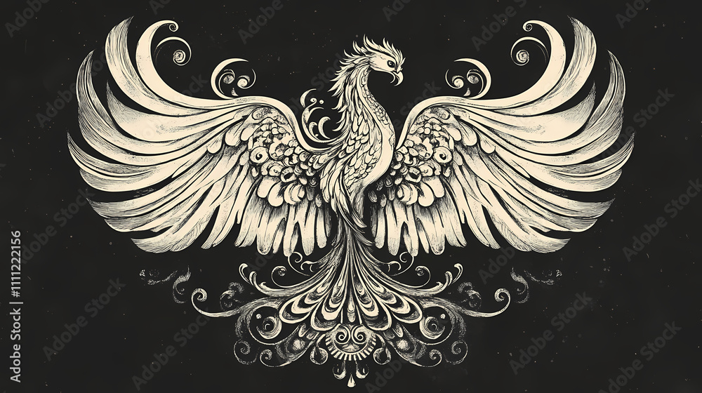 Obraz premium A black and white illustration of a stylized phoenix with its wings spread wide, a symbol of rebirth and renewal. Phoenix. Illustration
