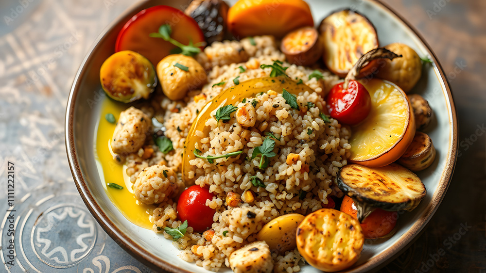 Fototapeta premium Artistic plate of quinoa and roasted vegetables arranged in an elegant design, with