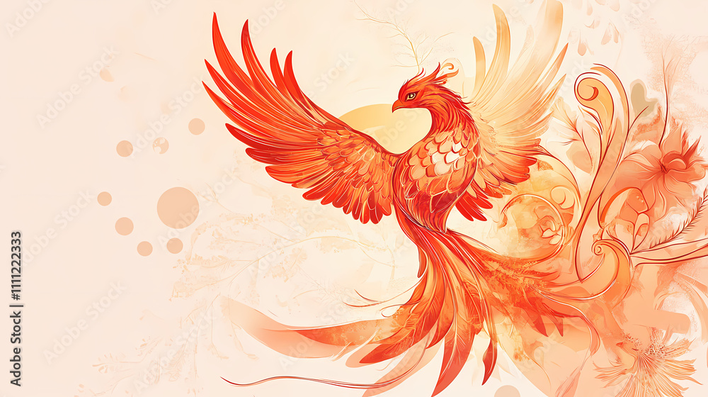 Obraz premium A fiery phoenix spreads its wings against a light background. Phoenix. Illustration