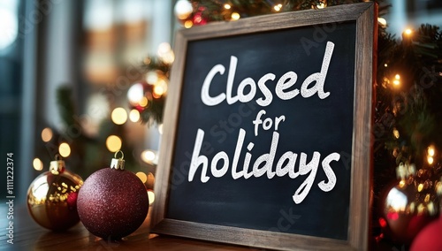 Obraz na płótnie Chalkboard sign 'closed for holidays' with christmas ornaments and lights symbolizes office shutdown for christmas. w salonie