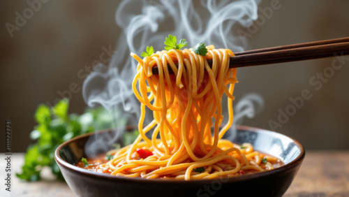 Hot buldak ramen with toppings being lifted from a bowl using chopsticks. photo