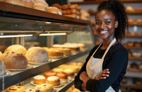Smiling African woman stands in bakery shop near pastries display. Wears apron, looks pro. Baked goods displayed attractively. Bakery shop interior visible. Focus on woman, tempting treats. Looks