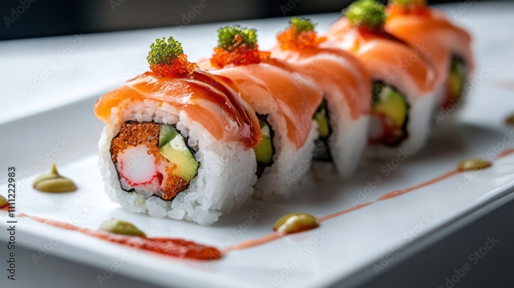 Delicious Salmon Sushi Roll on a White Plate