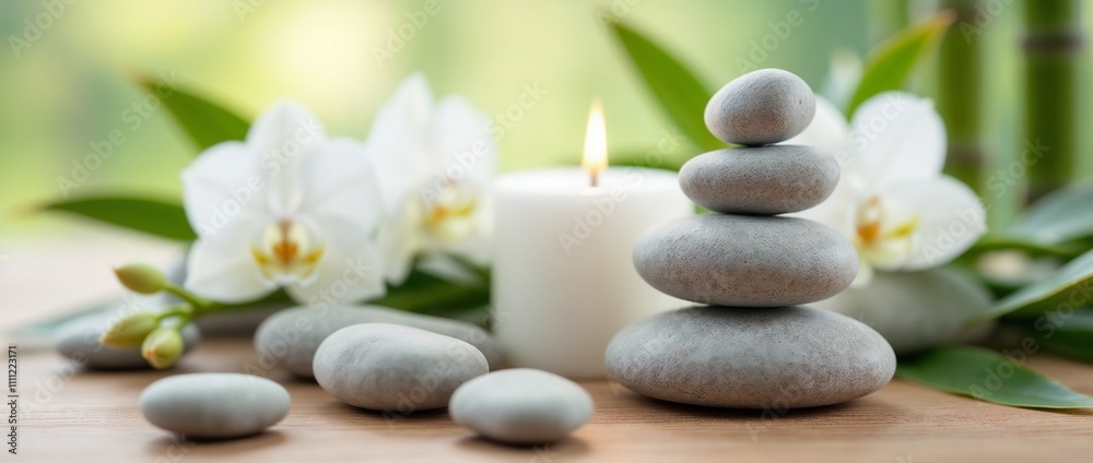 A serene spa setting featuring zen stones stacked in balance, white orchids, and a lit candle. This calming environment promotes relaxation, peace, and mindfulness, ideal for meditation or spa therapy A serene spa setting featuring zen stones stacked in balance, white orchids, and a lit candle. This calming environment promotes relaxation, peace, and mindfulness, ideal for meditation or spa therapy