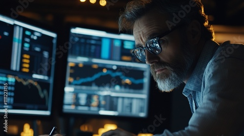 A focused individual analyzing data on multiple computer screens in a dimly lit environment.