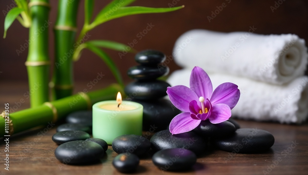 A calming spa scene featuring rolled white towels, a lit candle, and stacked black stones, surrounded by purple orchids. Perfect for promoting relaxation, wellness, and meditation environments.
A calming spa scene featuring rolled white towels, a lit candle, and stacked black stones, surrounded by purple orchids. Perfect for promoting relaxation, wellness, and meditation environments.