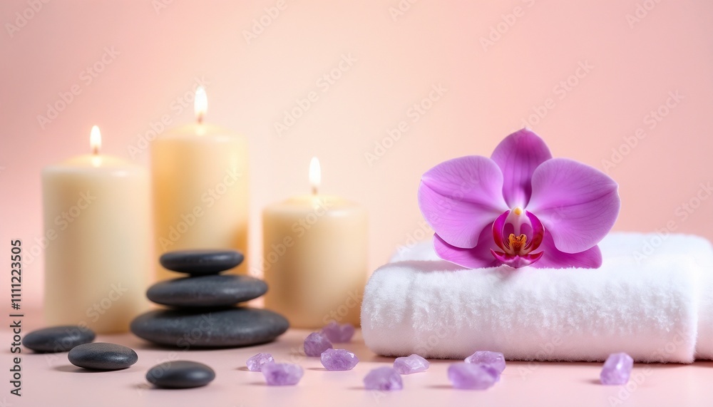 Serene spa arrangement featuring lit candles, a delicate orchid flower, smooth stones, and a soft towel. Perfect for promoting relaxation, tranquility, and wellness in spa or holistic settings.
Serene spa arrangement featuring lit candles, a delicate orchid flower, smooth stones, and a soft towel. Perfect for promoting relaxation, tranquility, and wellness in spa or holistic settings.