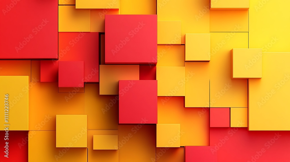 A vibrant abstract composition of layered squares in red, yellow, and orange hues. A vibrant abstract composition of layered squares in red, yellow, and orange hues.