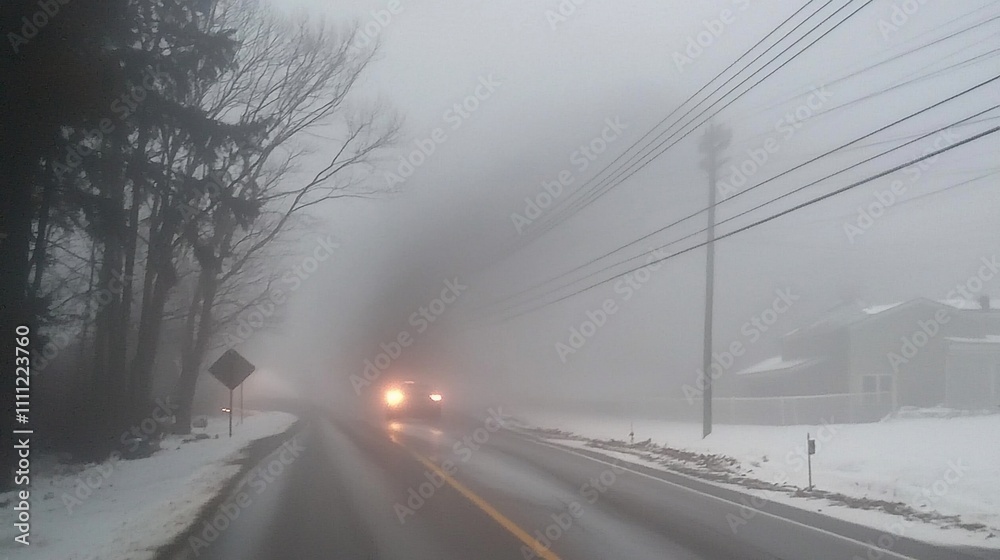 Foggy road in winter with a car driving through.