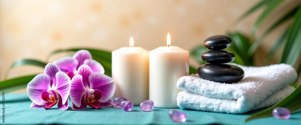 A serene spa scene featuring candles, orchids, and stacked stones, perfect for relaxation and rejuvenation. Evokes calm and tranquility in a peaceful environment, ideal for stress relief and meditatio A serene spa scene featuring candles, orchids, and stacked stones, perfect for relaxation and rejuvenation. Evokes calm and tranquility in a peaceful environment, ideal for stress relief and meditatio