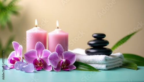 A serene spa scene featuring candles, orchids, and stacked stones, perfect for relaxation and rejuvenation. Evokes calm and tranquility in a peaceful environment, ideal for stress relief and meditatio