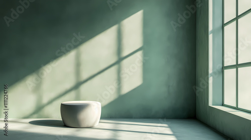 Sleek 3d interior studio setting with a celadon green backdrop bare floor and walls and a product pedestal casting a soft shadow from the natural sunlight illumination. Celadon. Illustration