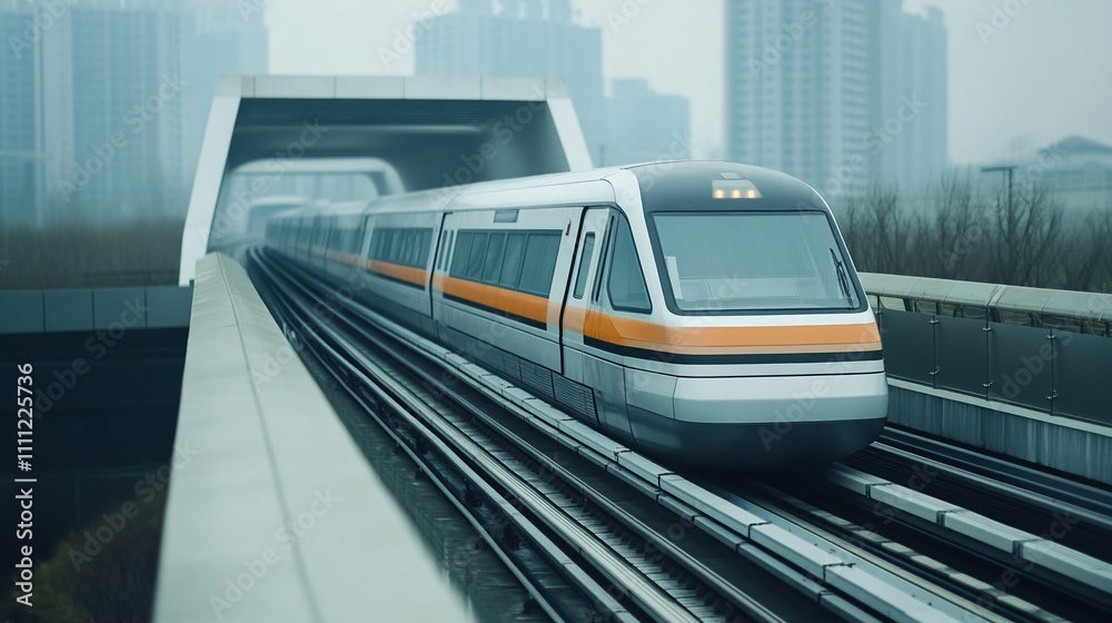 Fototapeta premium A modern train on an elevated track in a foggy urban environment.