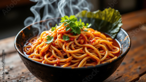 A bowl of hot buldak ramen with a garnish on top, ready to serve. photo