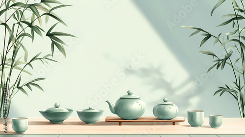 A serene setting of a korean tea ceremony featuring delicate celadon ware. celadon. illustration. Celadon. Illustration