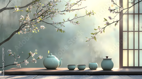 A serene setting of a korean tea ceremony featuring delicate celadon ware. celadon. illustration. Celadon. Illustration photo