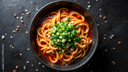 A bowl of hot and spicy buldak ramen with toppings on a table. photo