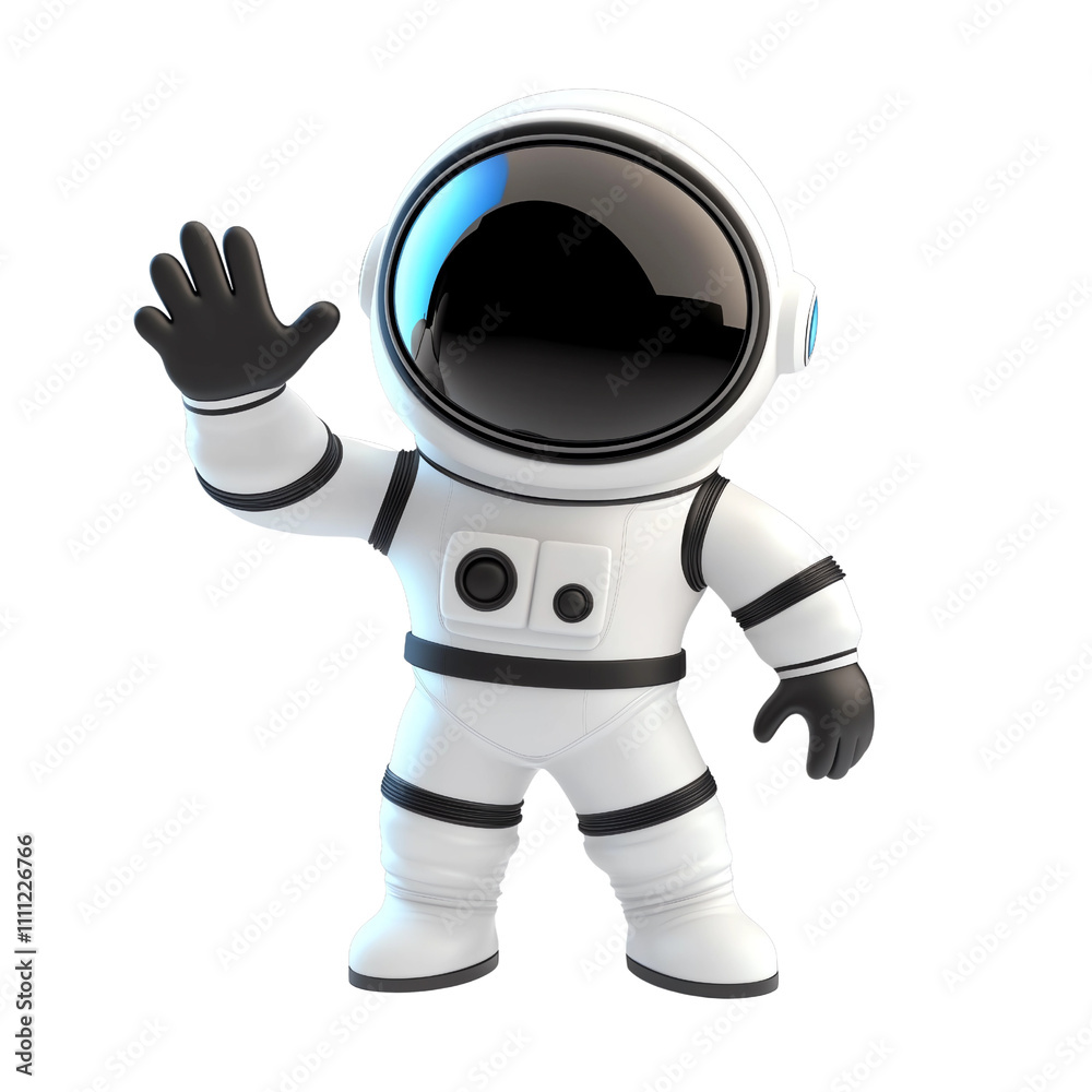 Friendly astronaut character in a white space suit waving hand while standing on a white background, ideal for space exploration or astronomy-related designs and themes. Friendly astronaut character in a white space suit waving hand while standing on a white background, ideal for space exploration or astronomy-related designs and themes.