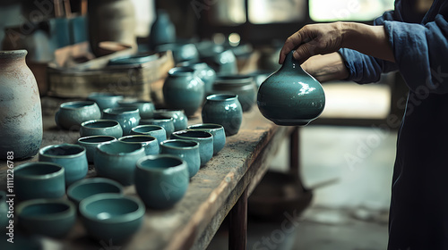 Exploring the korean celadon ceramic glazing process artisanship korea craftsmanship studio perspective tradition. Celadon. Illustration photo