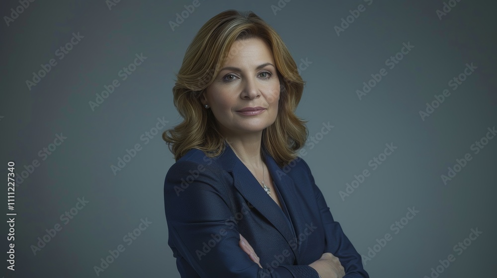 Confident middle aged businesswoman smiling with crossed arms against grey background, copy space Confident middle aged businesswoman smiling with crossed arms against grey background, copy space