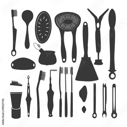 A Collection Of Black Silhouettes Of Cleaning And Grooming Tools