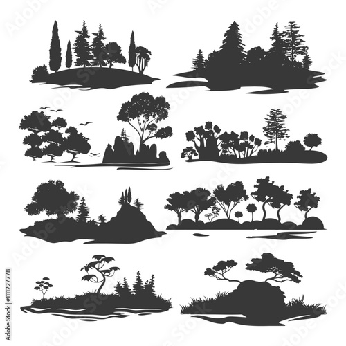 Collection Of Diverse Tree Silhouettes With Landscapes