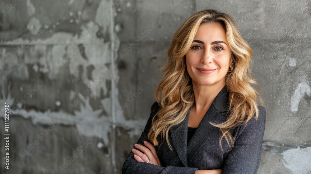 Confident middle aged businesswoman smiling in suit with arms crossed against grey background Confident middle aged businesswoman smiling in suit with arms crossed against grey background