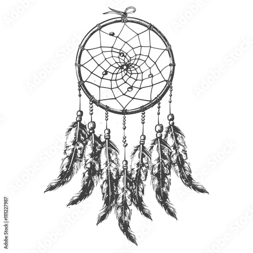 Hand Drawn Black And White Dreamcatcher With Feathers