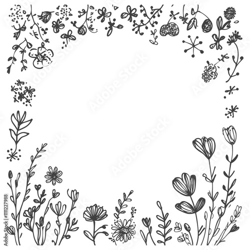 Hand Drawn Black And White Floral Frame With White Background