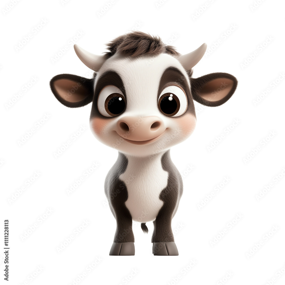Adorable cartoon cow with big, expressive eyes and a friendly smile, standing on a white background, perfect for farm animal themes, dairy products, or children’s content.