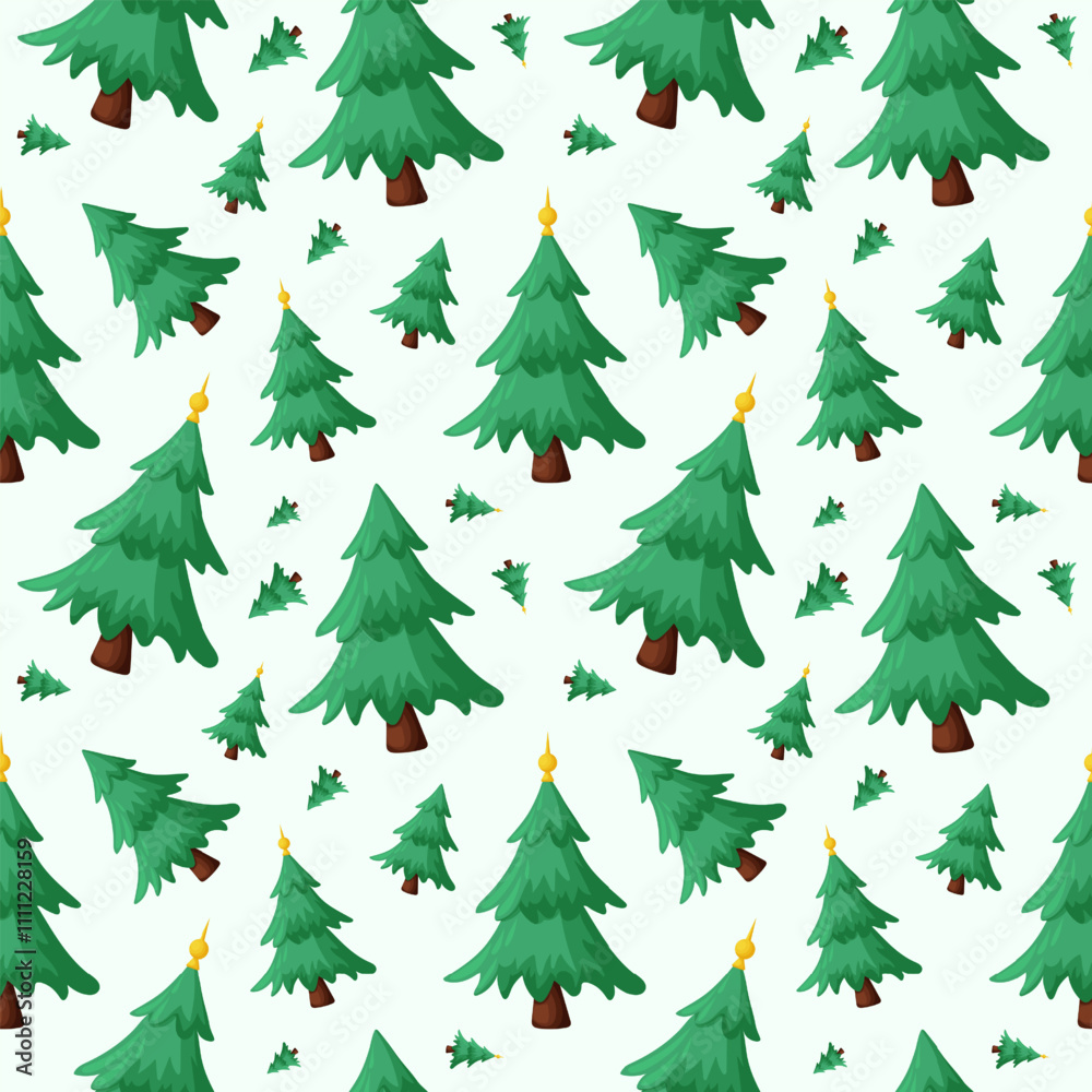 Fototapeta premium Seamless pattern with a Christmas tree. Pattern design with a Christmas tree and a golden top on a white isolated background. Holiday seamless pattern design