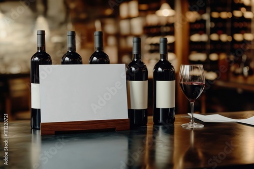 Wine bottles with blank label and mockup template sign showing price or information in wine shop