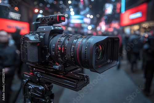 A Professional Film Camera with a Large Lens Focused on a Blurred Background