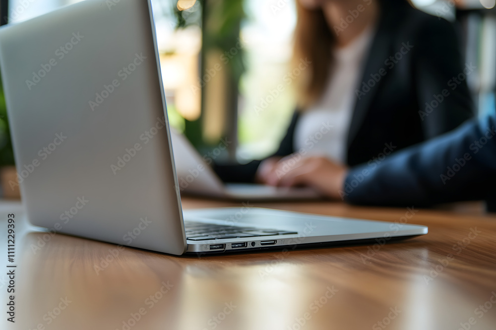 Professional Business Meeting with Laptops in Modern Workspace Professional Business Meeting with Laptops in Modern Workspace