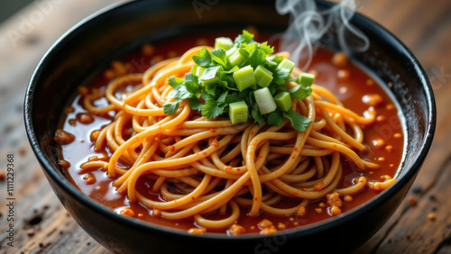 Close-up shot of a bowl of spicy Korean ramen with noodles and vegetables. photo