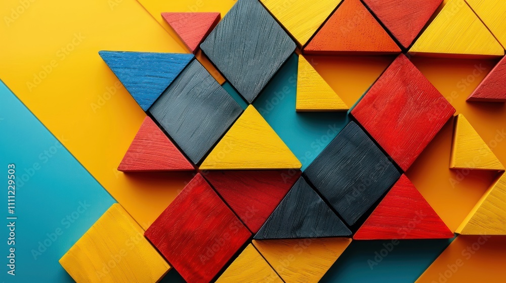 Colorful geometric wooden shapes arranged artistically on a vibrant background. Colorful geometric wooden shapes arranged artistically on a vibrant background.