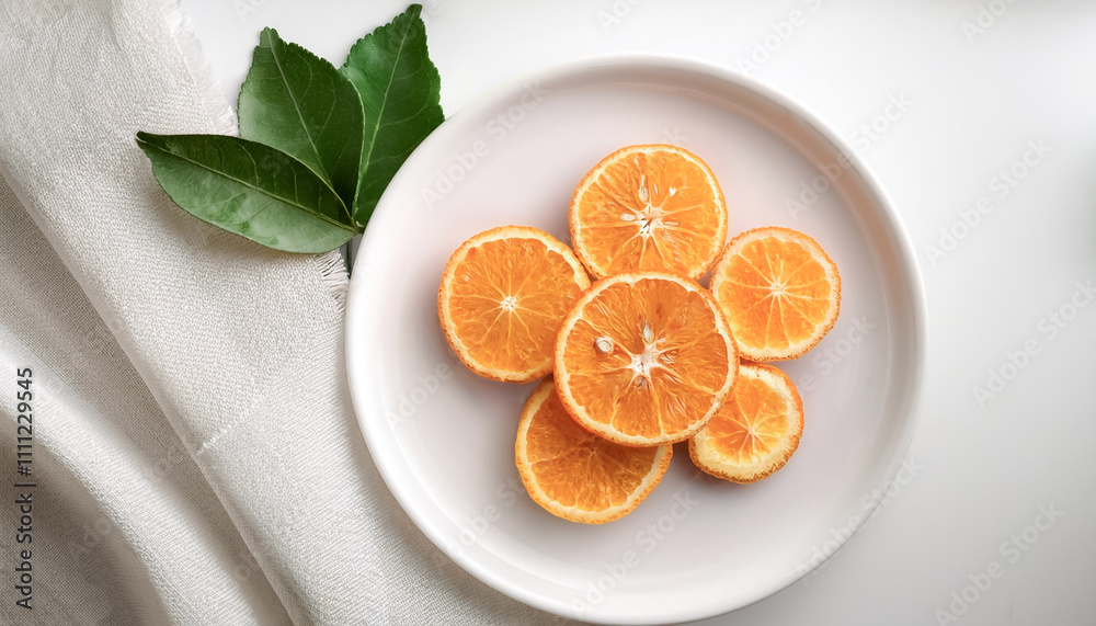Fototapeta premium small slices of Orange fruit on a clean white plate on white