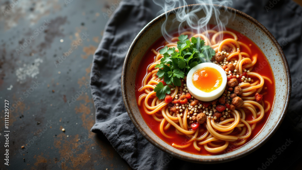 Steamy bowl of spicy Korean ramen with red chili pepper flakes and herbs on top. Steamy bowl of spicy Korean ramen with red chili pepper flakes and herbs on top.