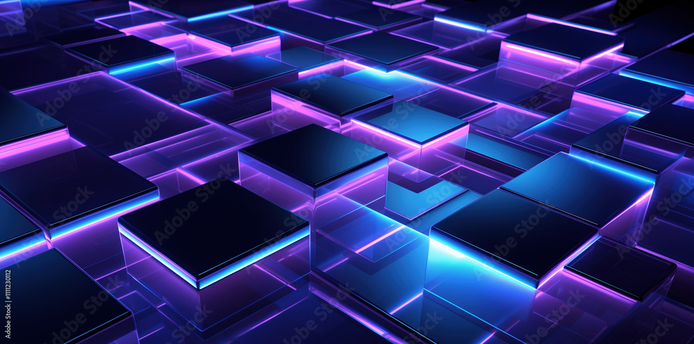 3D Render of Illuminated Blue and Purple Glass Squares on Black Background 3D Render of Illuminated Blue and Purple Glass Squares on Black Background