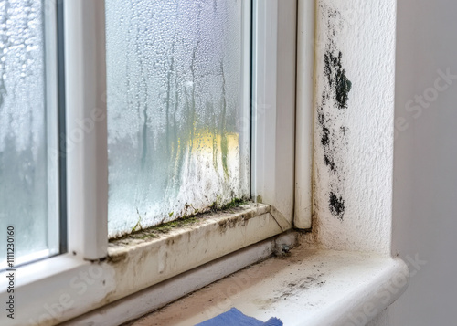 Dirty windows at home. Black mold fungus on wall and windowsill, water condensation on window glass in room. Moisture, dampness, ventilation problem at home photo