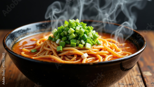 A steaming bowl of spicy red Korean Buldak Ramen with green onions on top. photo