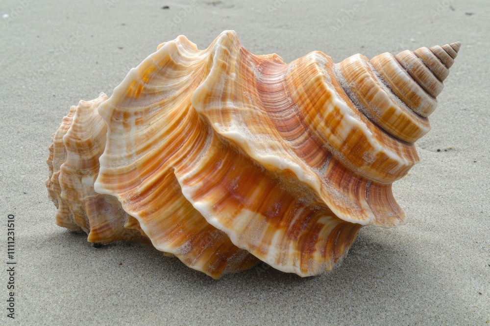 Beautiful Conch Shell Resting on Sandy Shore with Gentle Ocean Waves in the Background Beautiful Conch Shell Resting on Sandy Shore with Gentle Ocean Waves in the Background