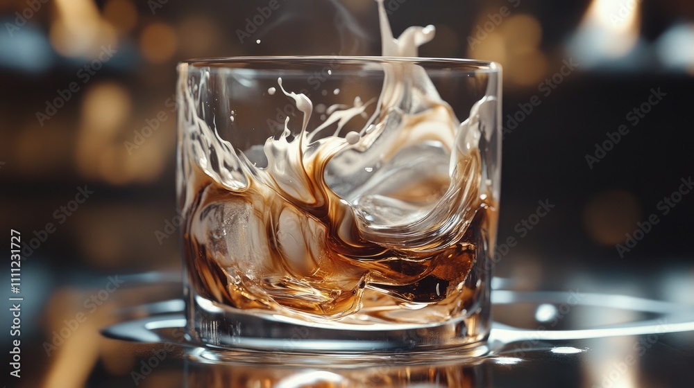 Witness a mesmerizing moment as a glass of coffee over ice is delicately swirled with cream, creating a seductive and delectable treat. Witness a mesmerizing moment as a glass of coffee over ice is delicately swirled with cream, creating a seductive and delectable treat.