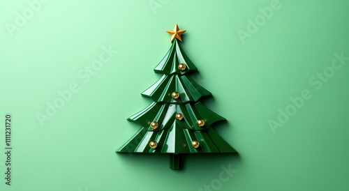 Christmas Tree with Golden Ornaments on Mint Green Background