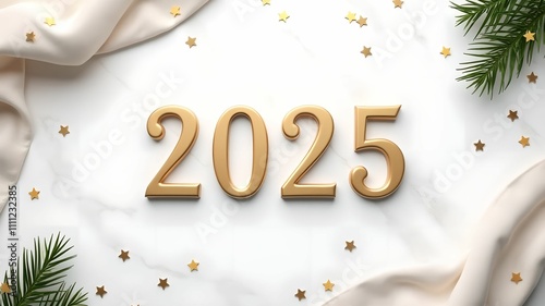 New Year banner with the inscription Happy New Year 2025 on a marble white background photo