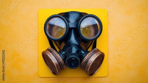 Safety Awareness Graphic Gas Mask Icon on Vibrant Yellow Caution Background photo