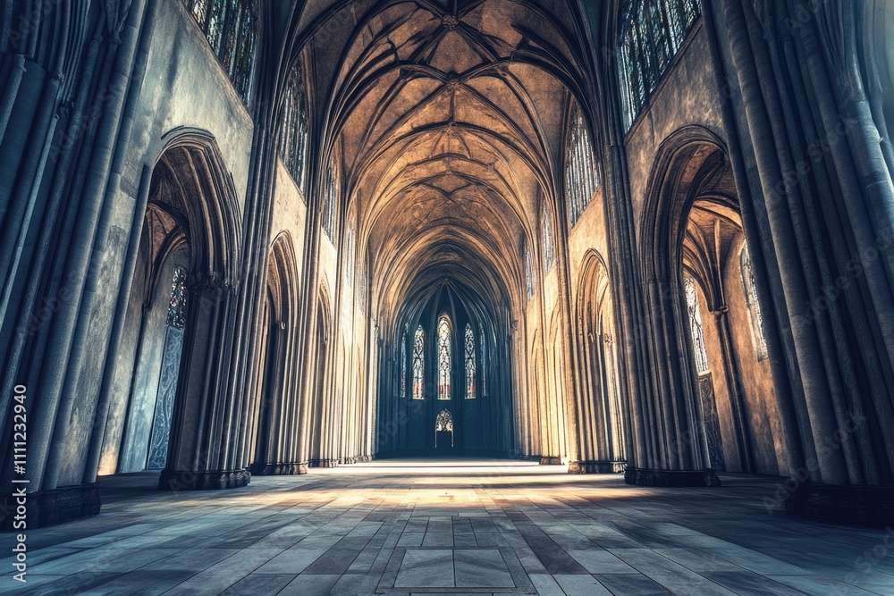 Obraz premium Majestic Interior of an Ancient Gothic Cathedral: A Three-Dimensional Architectural Marvel