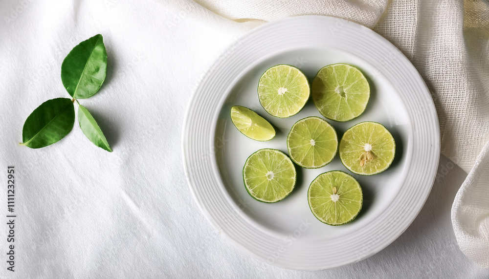 small slices of lime fruit on a clean white plate on white small slices of lime fruit on a clean white plate on white